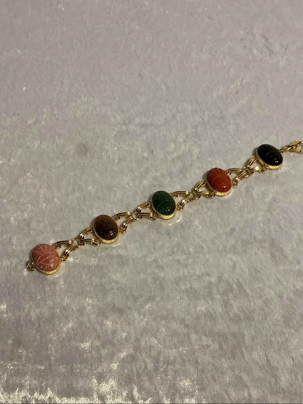 Gold Link Bracelet with Multicolor Scarab Cabochons